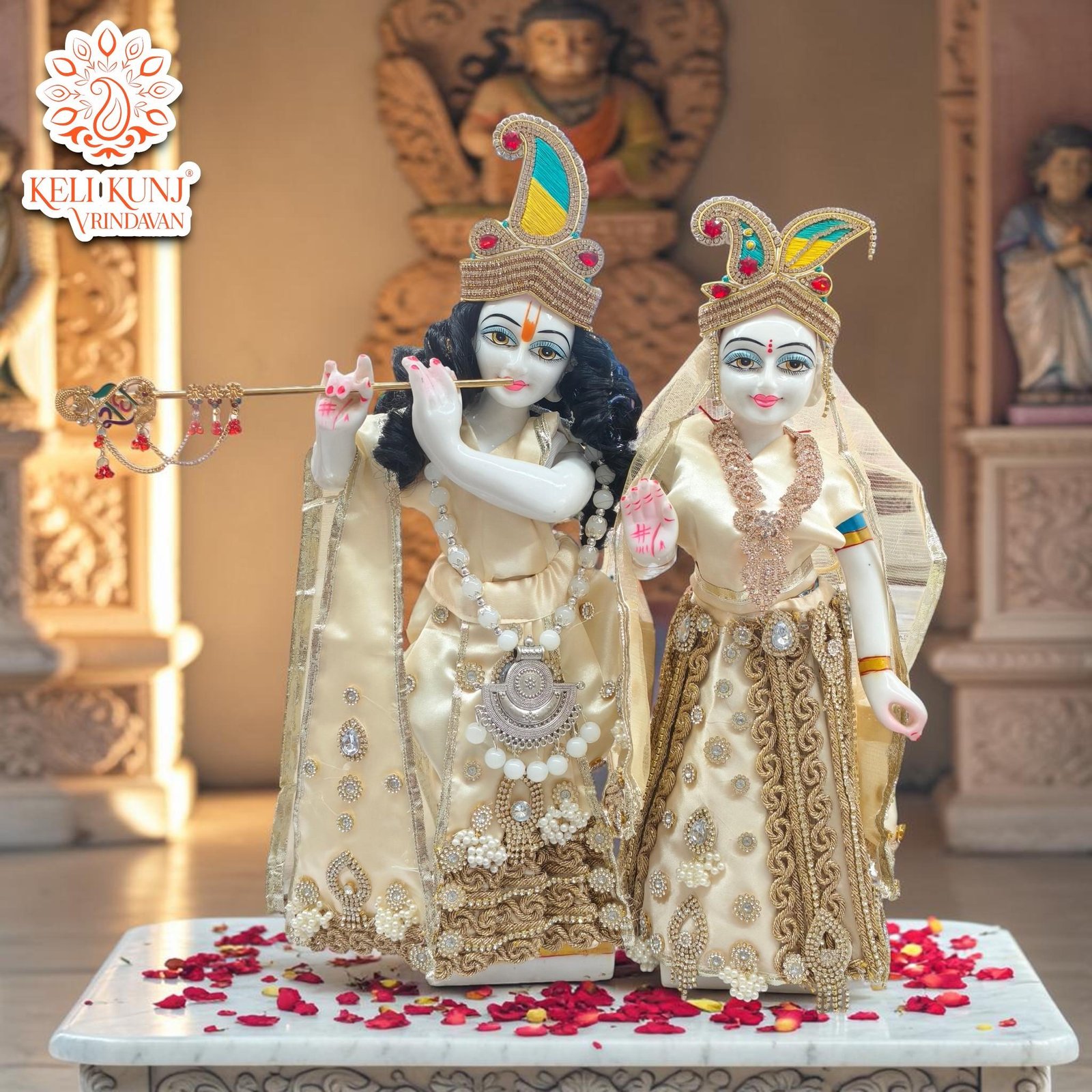 15 Inch Radha Krishna Dust Marble Idol Murti Vigrah with Poshak and Shringar – Divine Deity Set for Home & Temple Worship